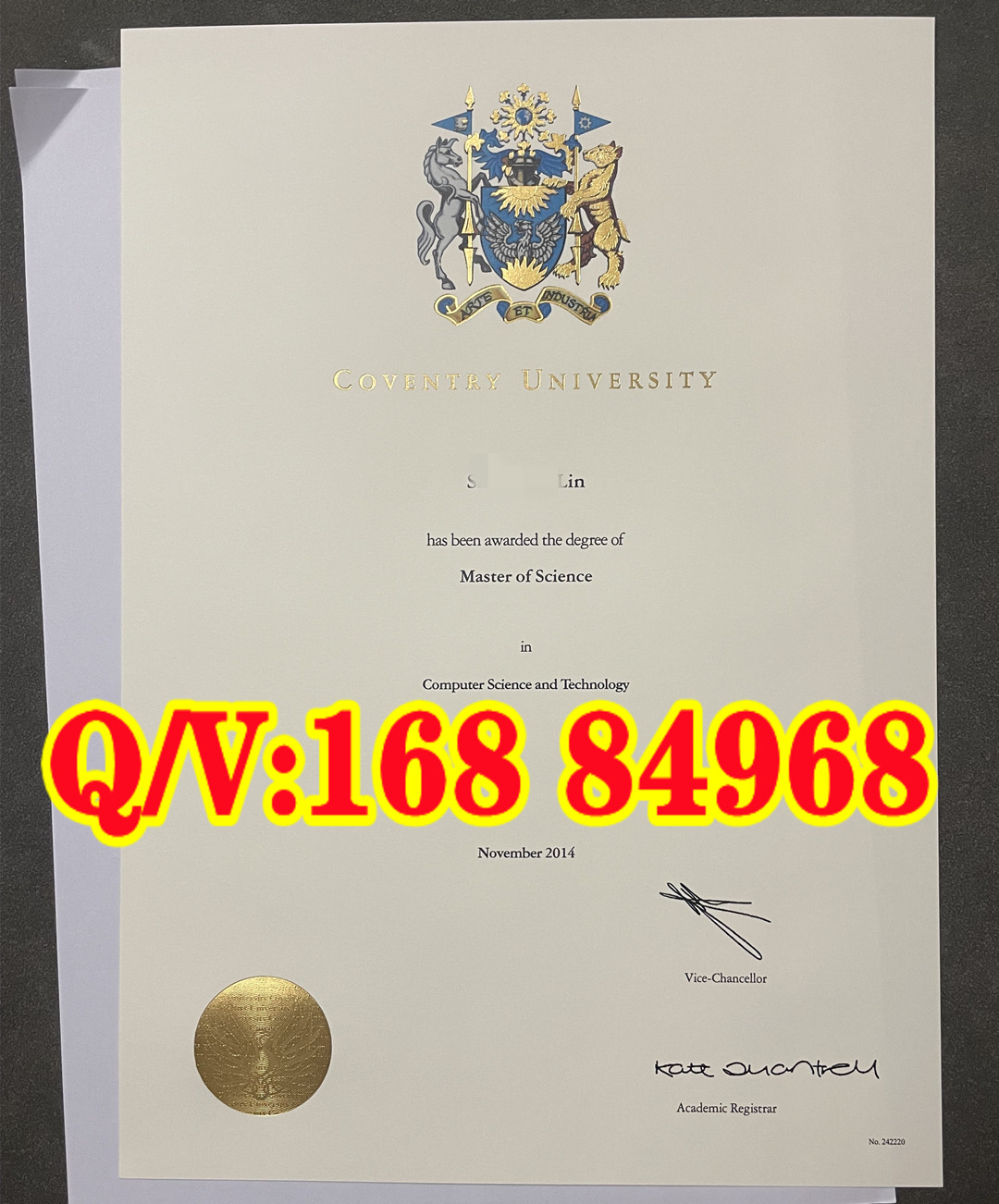 Coventry University MSc Computer Science and Technology Degree Certificate 考文垂大学计算机科学与技术理学硕士 2014 原版学位证书