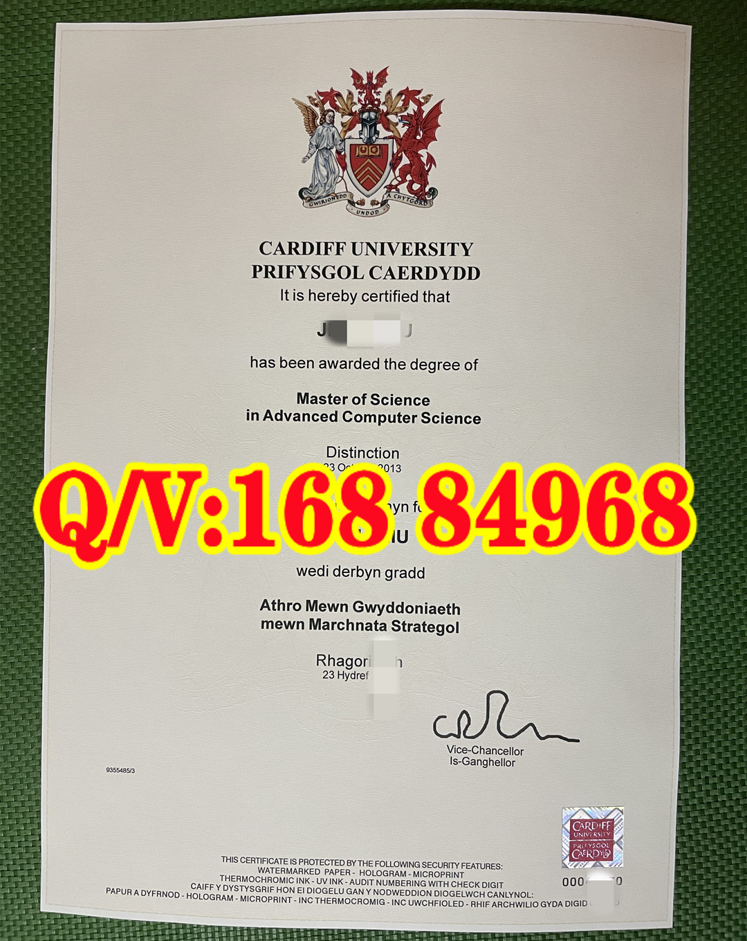 Cardiff University MSc Advanced Computer Science Distinction Degree Certificate 卡迪夫大学高级计算机科学硕士卓越一等 2013 原版学位证书