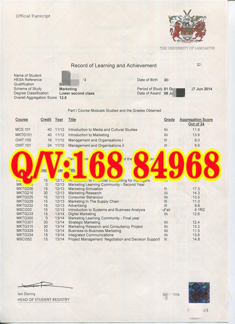 兰卡斯特大学成绩单市场营销二等二荣誉本科官方成绩单|2016 英国完整三年本科学分成绩原件
