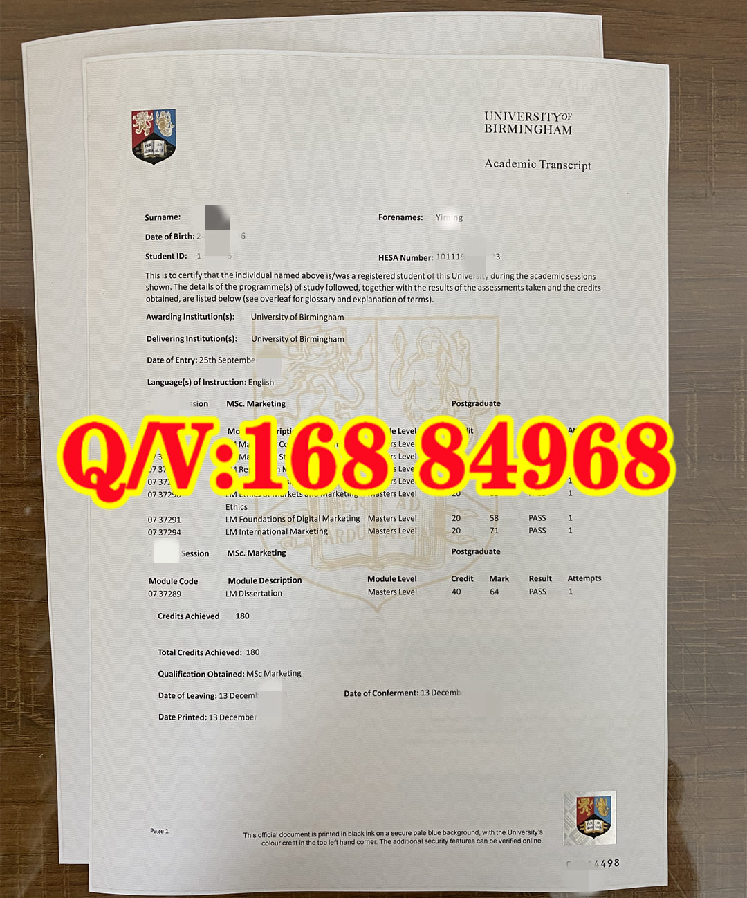 伯明翰大学成绩单实拍|伯明翰大学市场营销理学硕士原版成绩单样式