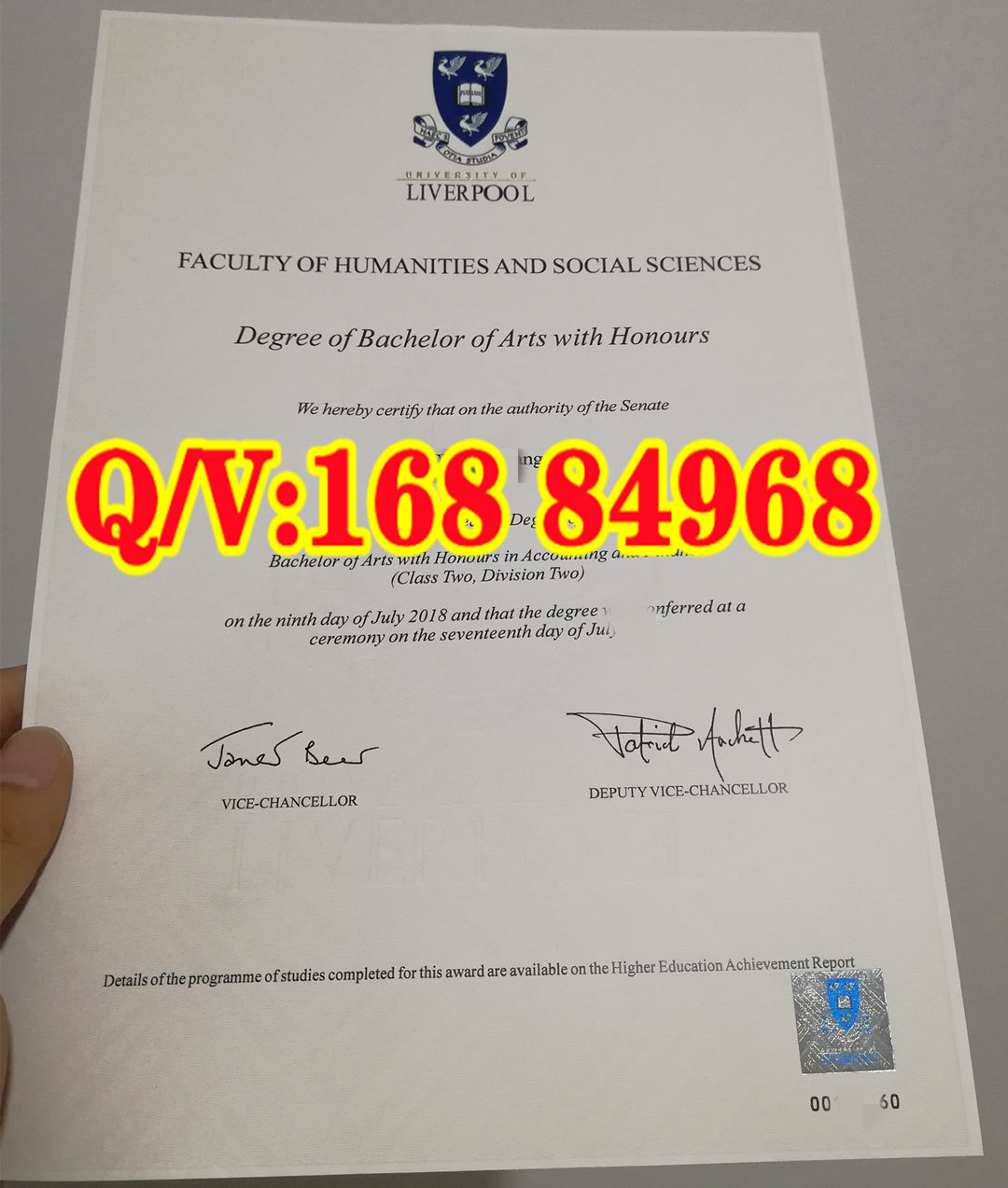 利物浦大学毕业证实拍|利物浦大学会计与金融文学荣誉学士原版学位证实拍